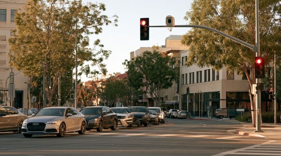 Red traffic signal and enforcement camera at a California intersection.