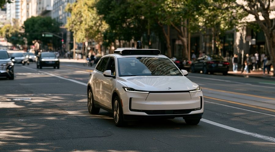 Autonomous vehicle equipped with sensors traveling on a California city street.