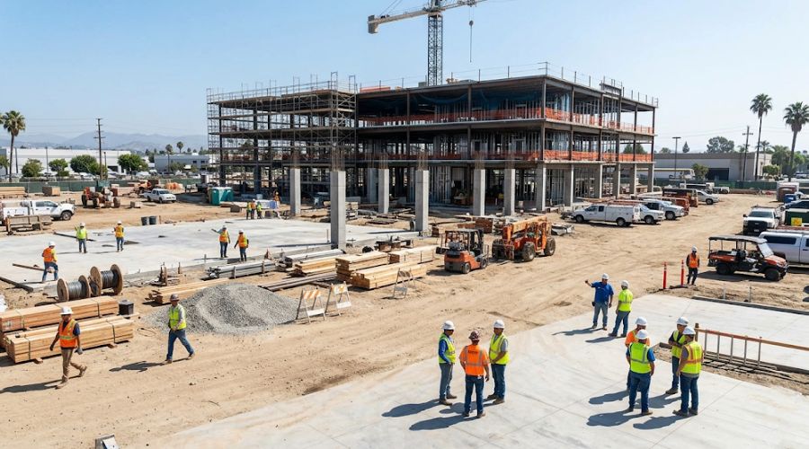 Abogado de compensación laboral en el condado de Orange: ¿Cuándo llamar? Lesiones laborales de terceros en el condado de Orange: obra en construcción con múltiples contratistas visibles que representan una oportunidad de reclamación por responsabilidad civil de terceros.