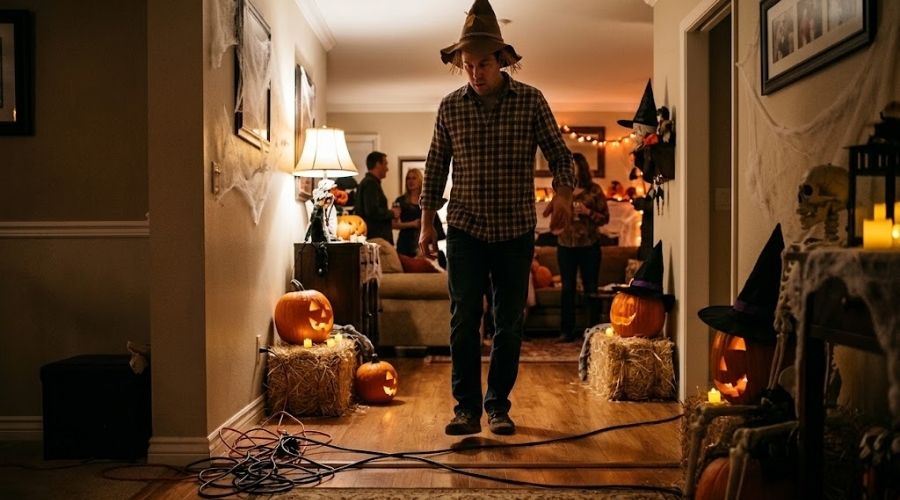 ¿Sufrió lesiones en una fiesta de Halloween? Contacte a un abogado especializado en responsabilidad civil por accidentes en propiedades en el condado de Orange. Un cable de extensión suelto cruza un pasillo oscuro decorado para una fiesta de Halloween.