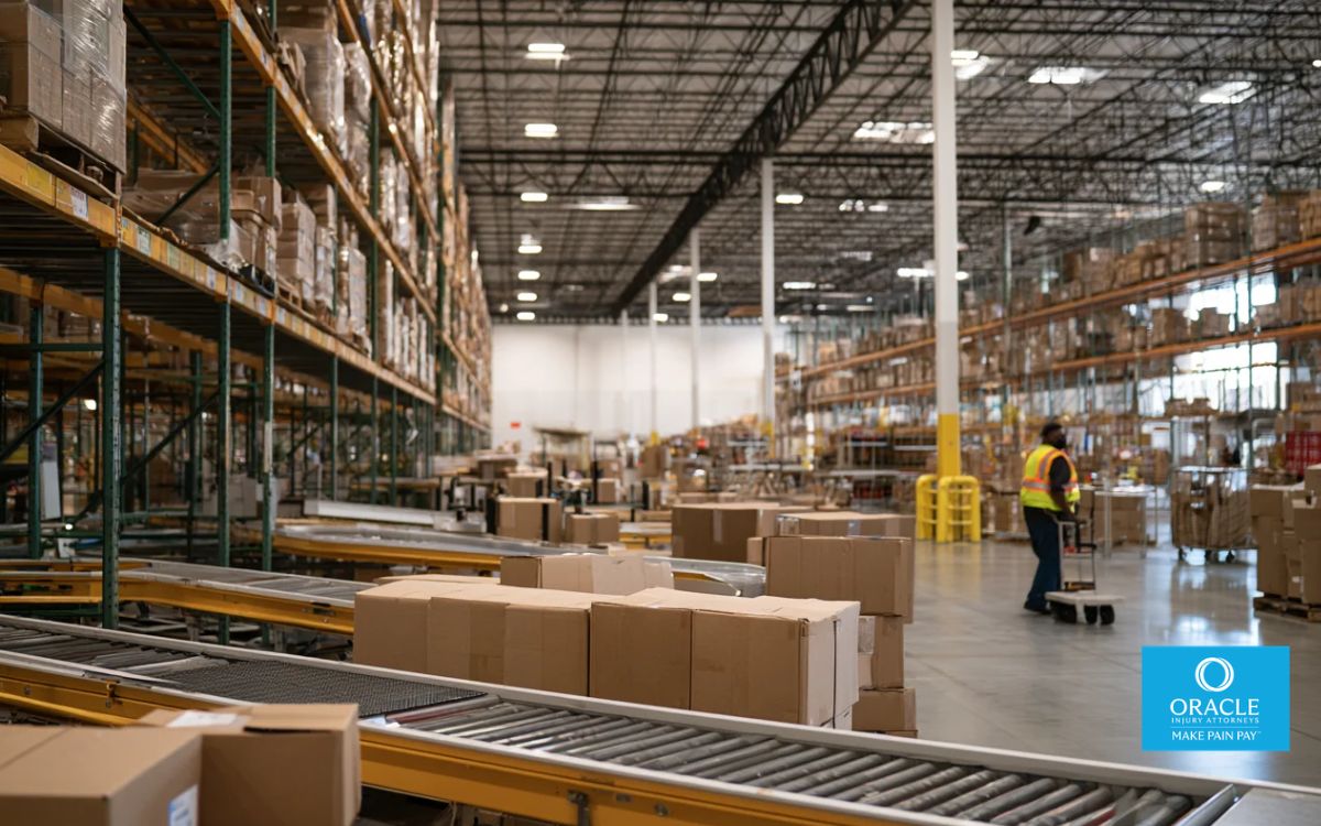 Lesión en almacén en Inland Empire, compensación laboral: interior de un gran almacén en Inland Empire con un trabajador con chaleco de alta visibilidad y estanterías industriales.